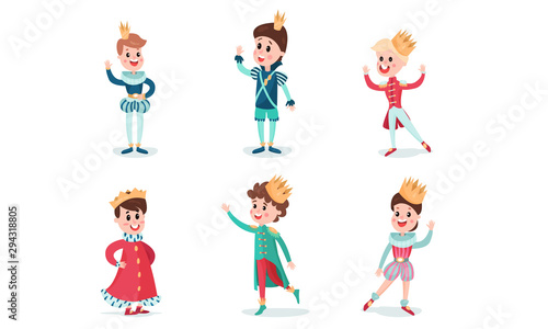 Set Of Vector Illustrations With Little Boys Wearing Fairy Princes And Kings Costumes Cartoon Characters