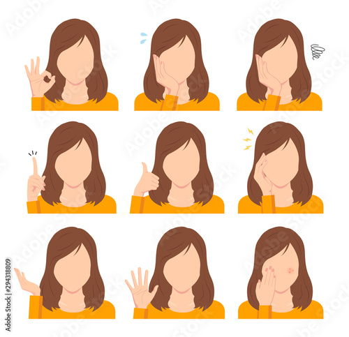Faceless young woman vector illustration set / hand gesture variation. 