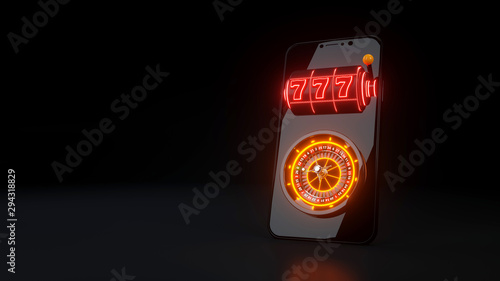 Online Casino Concept, Smart Phone With Roulette Wheel And Slot - 3D Illustration