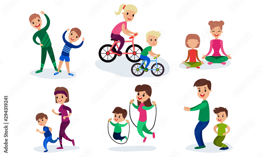Set Of Vector Illustrations With Children Involving In Sport With Their Parents Cartoon Characters