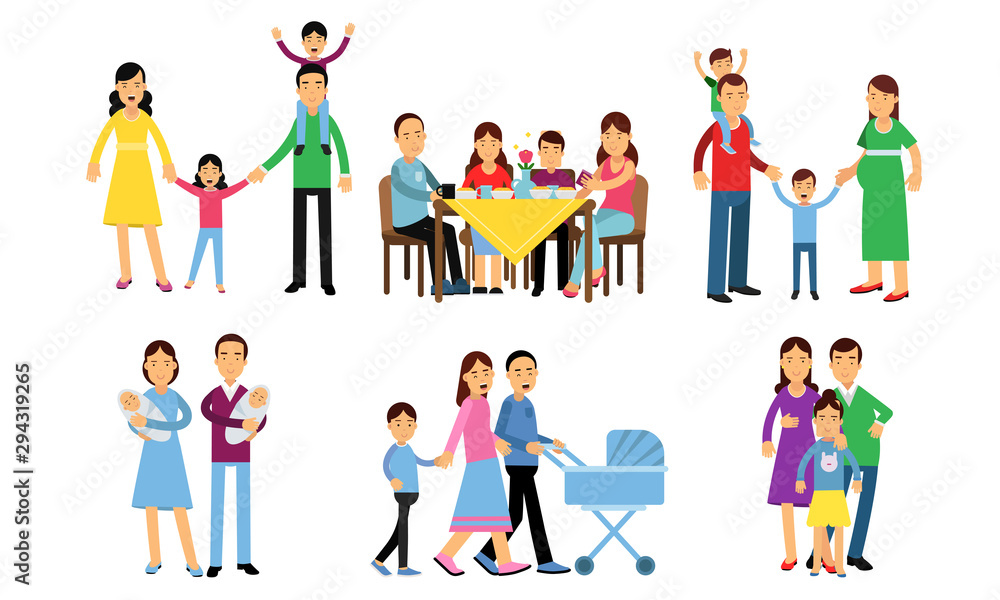Set Of Six Vector Illustrations With Happy Family Relationships