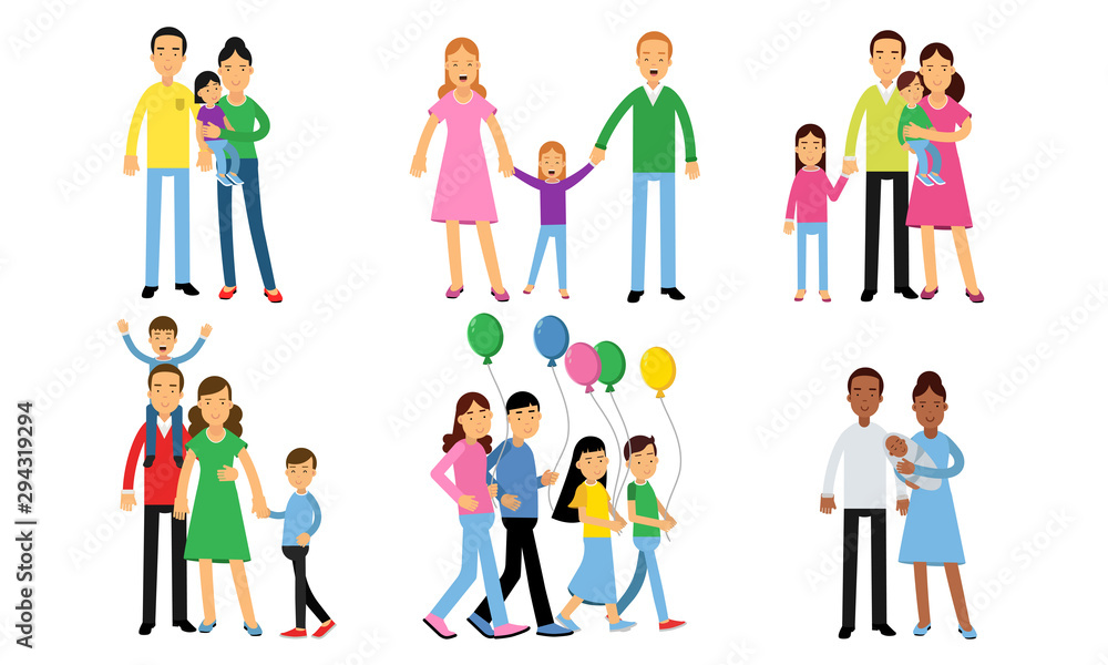Set With Happy Family Relationships Concept Vector Illustrations