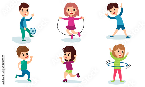 Set Of Vector Illustrations With Children Of Different Physical Activity Cartoon Characters