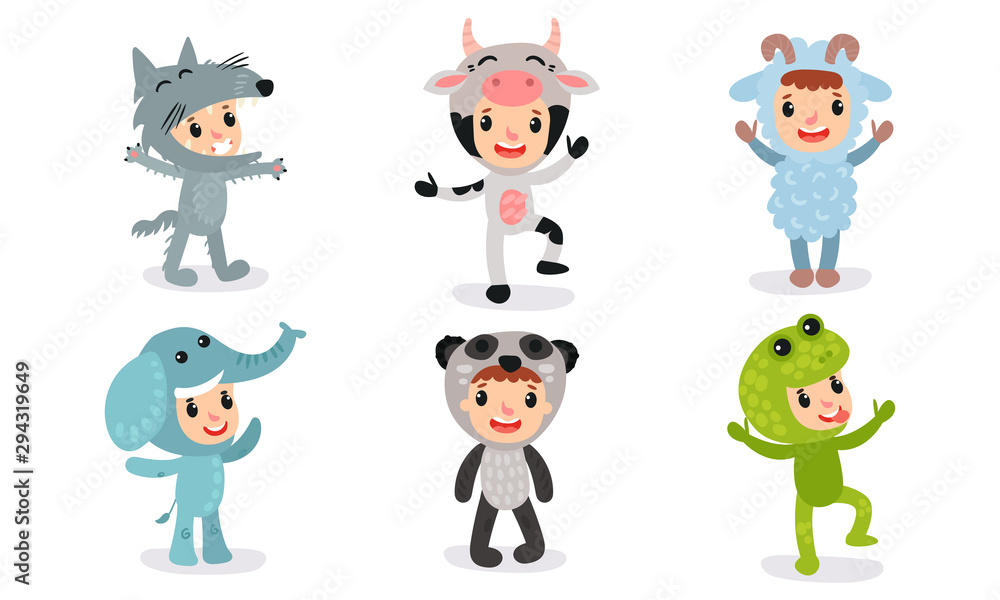 Set Of Vector Illustrations With Six Children In Different Christmas Or Baby Celebrating Costumes Set Of Vector Illustrations With Six Children In Different Christmas Or Baby Celebrating Costumes