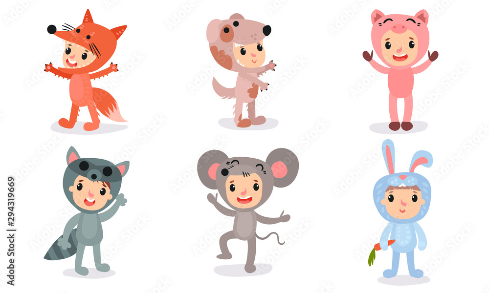 Set Of Vector Illustrations With Six Children In Different Christmas Or Baby Holiday Costumes Set Of Vector Illustrations With Six Children In Different Christmas Or Baby Holiday Costumes