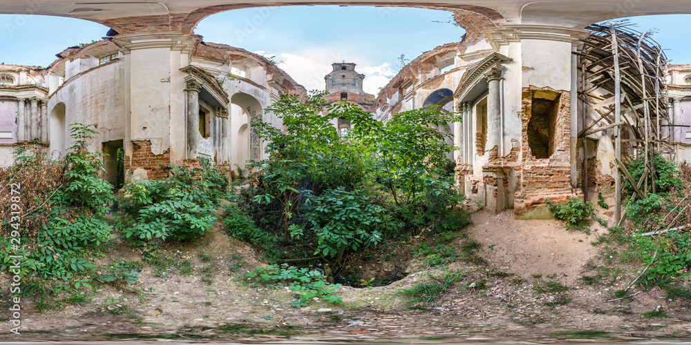 Full spherical seamless hdri panorama 360 degrees angle view inside of concrete structures of abandoned ruined building of church with bushes and trees inside in equirectangular projection, VR content