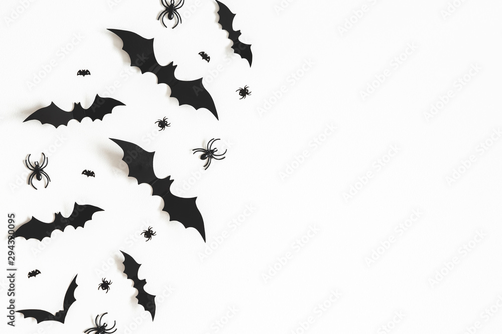 Halloween decorations on white background. Halloween concept. Flat lay, top view, copy space
