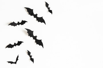 Halloween decorations on white background. Halloween concept. Flat lay, top view, copy space