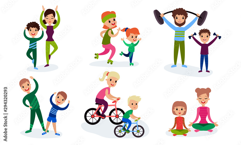 Set Of Illustrations With Children Involving In Sport With Their Parents Cartoon Characters
