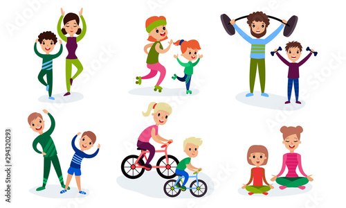 Set Of Illustrations With Children Involving In Sport With Their Parents Cartoon Characters