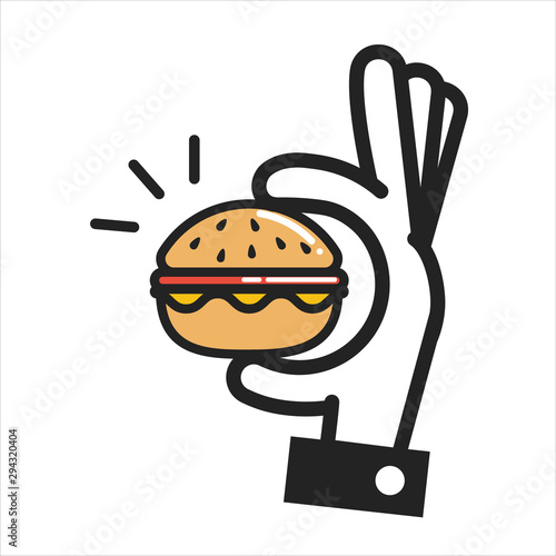 Thin line icon hand holding a burger, fast food icon isolated on white. Vector illustration