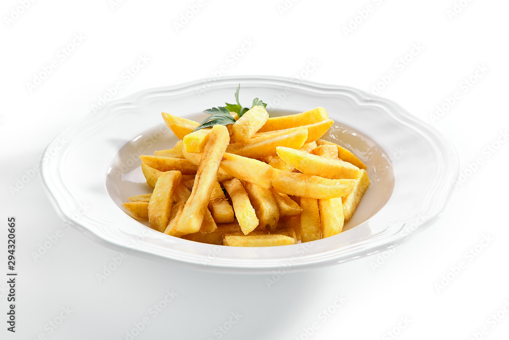 Macro Shot of Fries or French Fries on White Restaurant Plate Isolated Macro Shot of Fries or French Fries on White Restaurant Plate Isolated