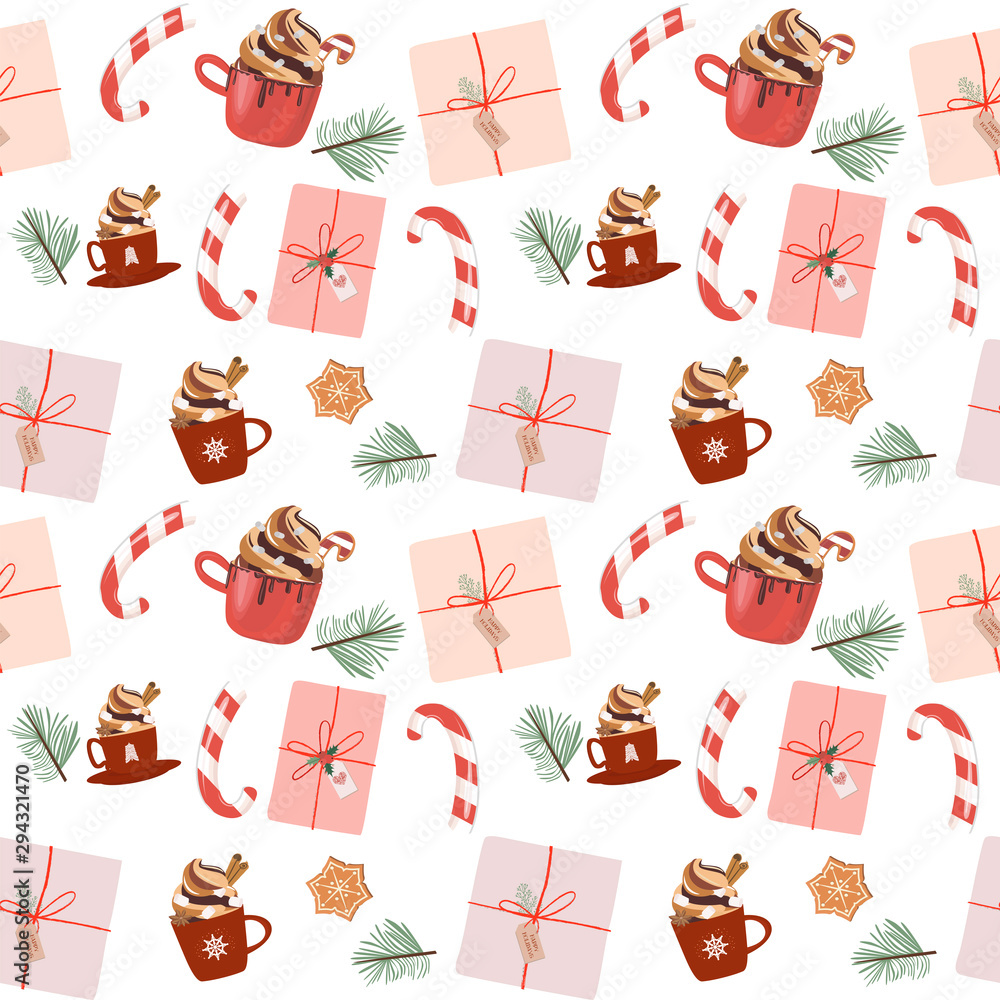 Christmas gift box and cacao mug seamless pattern. Editable vector illustration. Christmas gift box and cacao mug seamless pattern. Editable vector illustration.