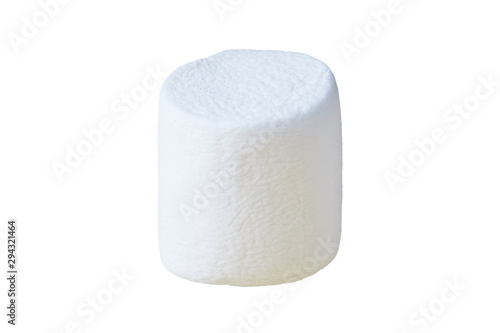 One piece of raw sweet tasty marshmallow cylindrical form isolated on white background. Close-up