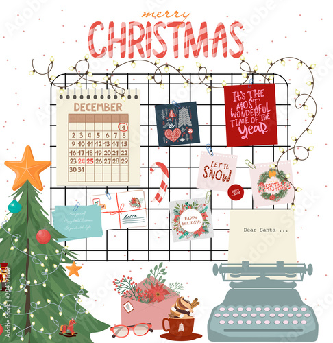 Christmas mood board, Interior wall decor template with cute Inspirationel holiday posters, christmas tree and type writer. Vector Illustration