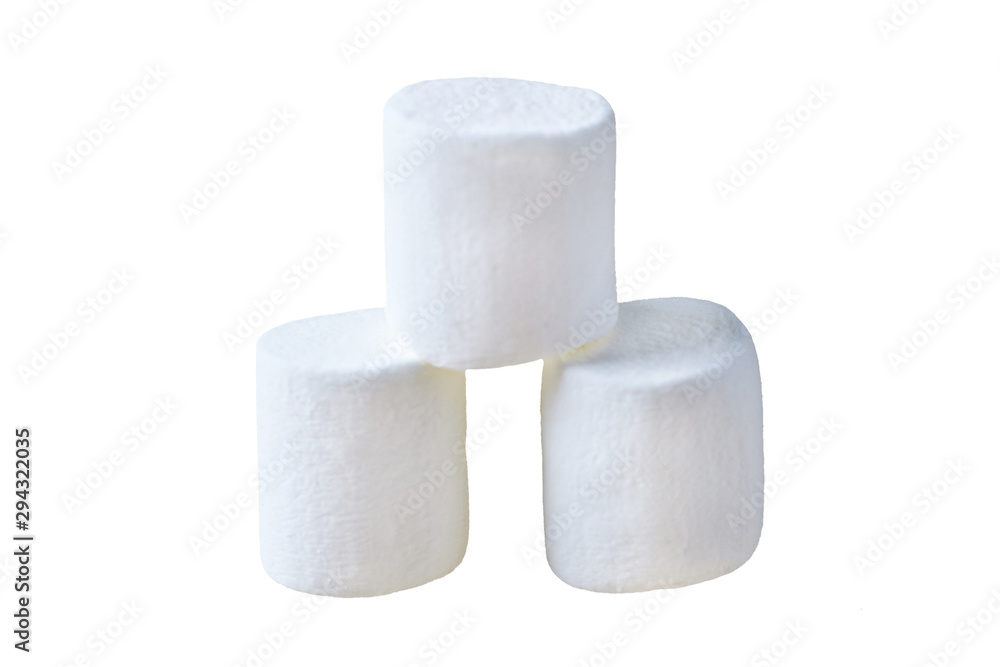 Heap of three pieces of raw sweet tasty marshmallows cylindrical form isolated on white background. Close-up Heap of three pieces of raw sweet tasty marshmallows cylindrical form isolated on white background. Close-up