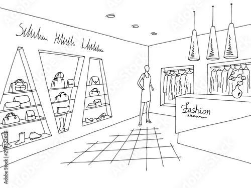 Shop store interior graphic black white sketch illustration vector