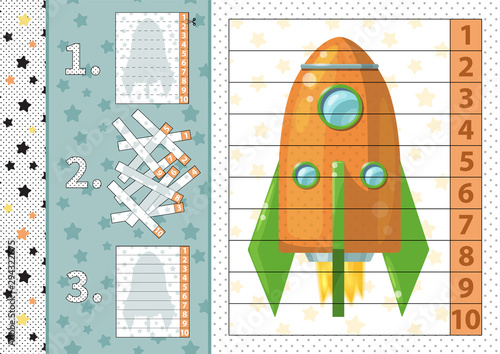 Counting number puzzle with cartoon rocket. From 1 to 10. Cut and assemble.