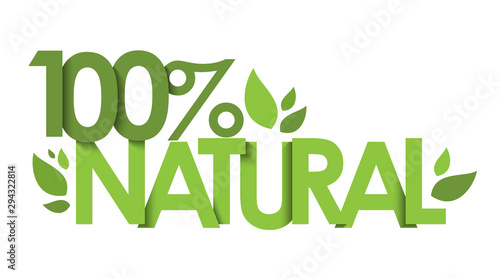 100% NATURAL green vector typography with leaves