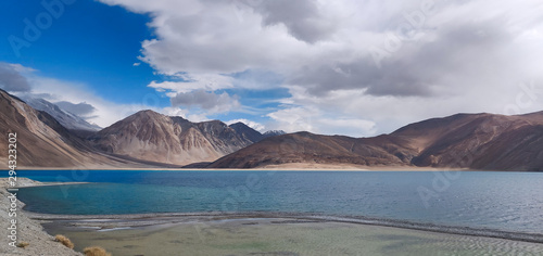 Pangong Tso lake of Ladakh  India. Pangong Tso  Tibetan for  high grassland lake   also referred to as Pangong Lake  is an endorheic lake in the Himalayas situated at a height of about 4 350 m.