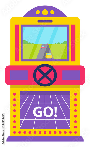 Game machine with screen vector, isolated arcade on monitor. Car racing on road, entertainment in free time, pastime and hobby. Playing racing competition. Win money in slot mashine. Flat cartoon