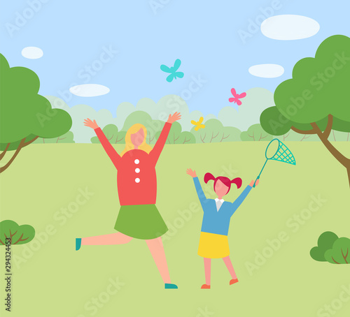 Park or forest meadow, girls jumping and catching butterflies with socket vector. Children having fun outdoors, summer outdoor activity, trees and bushes