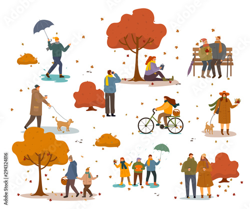 People in warm clothes having fun outdoors walking in autumn park. Girl riding bike and grandparents sitting on bench. Man walk his dog and friends with umbrella. Autumn park landscape with people © robu_s