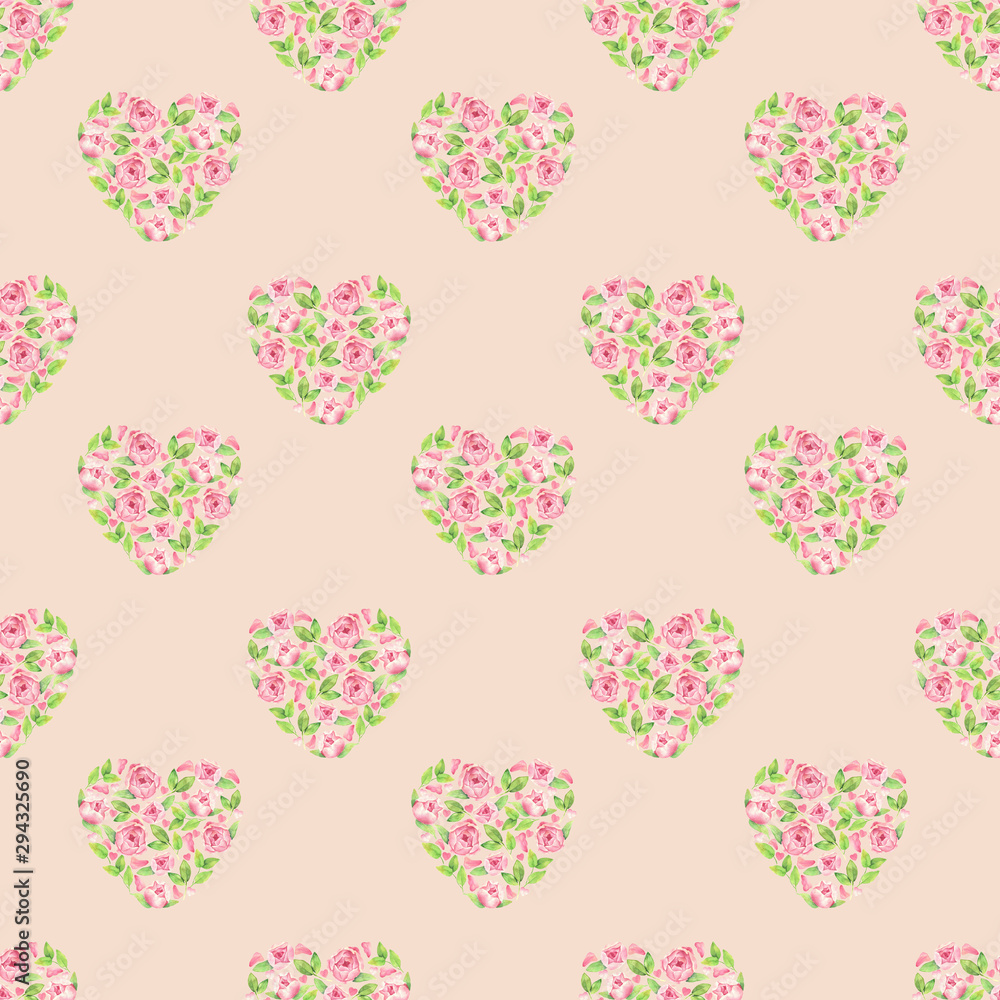Seamless hand drawn  watercolor floral romantic vintage pattern. Heart shaped composition of  peony flowers and leaves. Pink, white, green colors on beige background