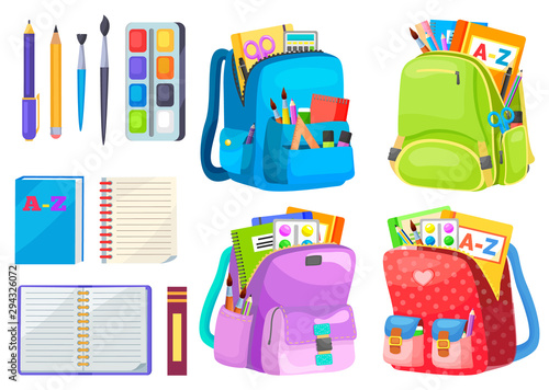 School objects, paints with tassel, colorful pencils, notebook and pen in backpack. Educational equipment, textbook and writing accessory, education. Back to school concept. Flat cartoon isometric 3d