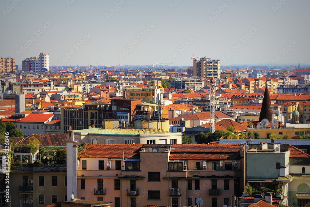 Aerial panoramic view of Milan on sunny day in Italy