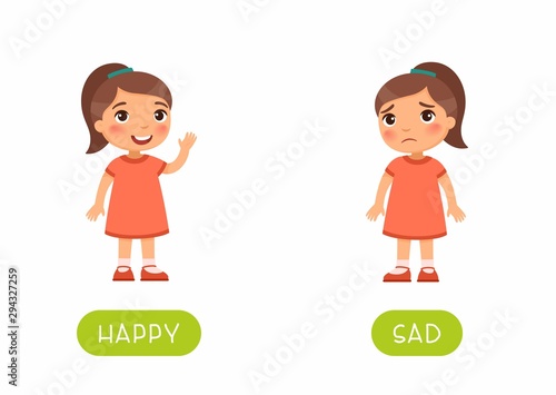Childish word card with opposites vector template. Flash card for foreign language with little child. Mood concept, happy and sad. Smiling and unhappy little girl flat illustration with typography
