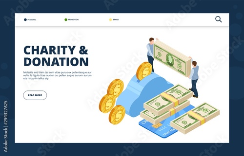 Give money isometric concept. Donation and charity vector landing page. Illustration contribution and savings, layout donating service