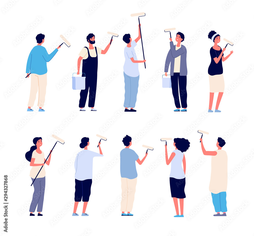 Painters. Men and women painter holding paint rollers and painting home wall. Vector cartoon isolated characters. Paint worker, painter person renovation illustration Painters. Men and women painter holding paint rollers and painting home wall. Vector cartoon isolated characters. Paint worker, painter person renovation illustration