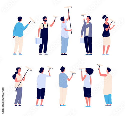 Painters. Men and women painter holding paint rollers and painting home wall. Vector cartoon isolated characters. Paint worker, painter person renovation illustration