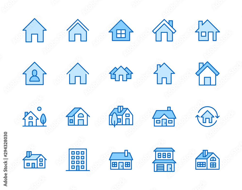 Houses flat line icons set. Home page button, residential building, country cottage, apartment vector illustrations. Outline simple signs for real estate. Pixel perfect 64x64. Editable Strokes