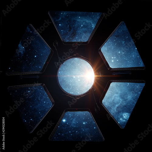 Fototapeta Naklejka Na Ścianę i Meble -  Earth and galaxy in spaceship international space station window porthole. Elements of this image furnished by NASA