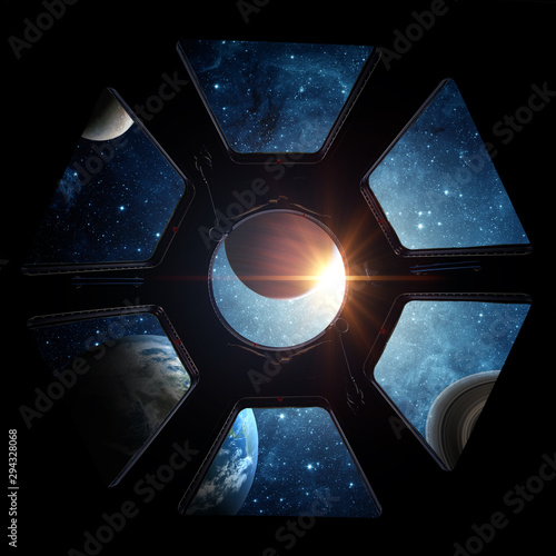 Fototapeta Naklejka Na Ścianę i Meble -  Earth and galaxy in spaceship international space station window porthole. Elements of this image furnished by NASA.
