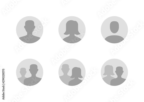 Avatar flat icon set. Default anonymous user portrait vector illustrations. Signs for man, woman faceless profile picture. Gray round website placeholder