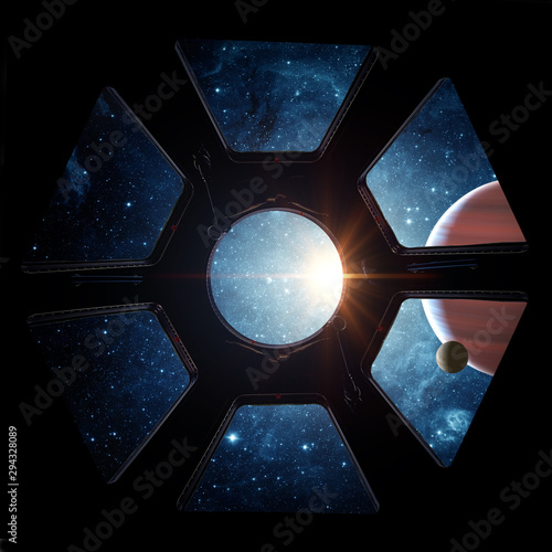 Fototapeta Naklejka Na Ścianę i Meble -  Earth and galaxy in spaceship international space station window porthole. Elements of this image furnished by NASA
