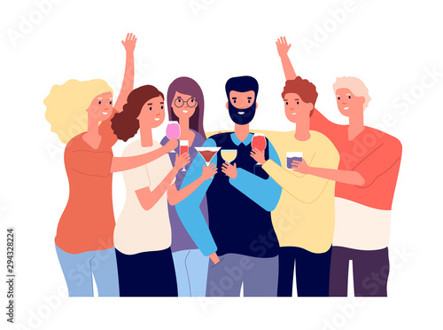 Drinking friends. Group of funny guys clink glasses with alcohol drinks and make toast. Christmas celebration vector flat concept. Illustration happy friend cheers drink alcohol