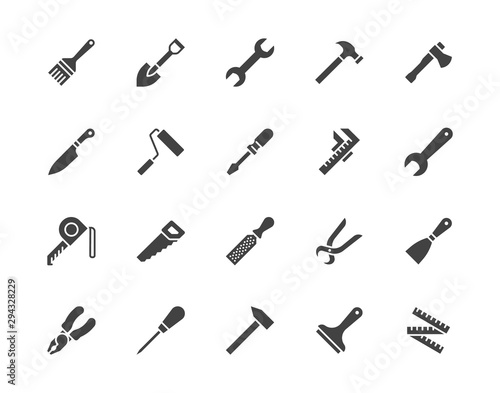 Construction tools flat glyph icons set. Hammer, screwdriver, saw, spanner, paintbrush vector illustrations. Black signs for carpenter, builder equipment store ilhouette pictogram pixel perfect 64x64