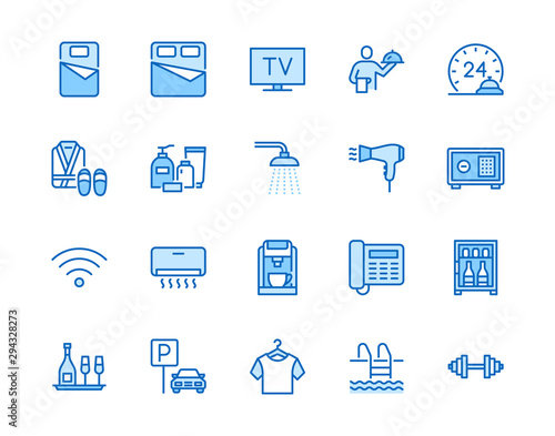 Hotel room facilities flat line icons set. Double bed, reception, room service, bathrobe, slippers, safe, minibar vector illustrations. Outline signs for motel. Pixel perfect 64x64. Editable Strokes