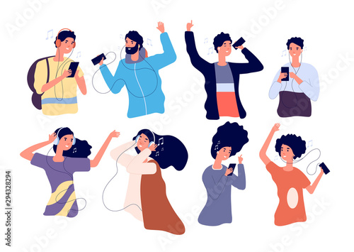 People listen music with earphones. Happy young men and women with headphones and smartphone isolated vector cartoon characters. Woman and man dancing listening music in headphones illustration