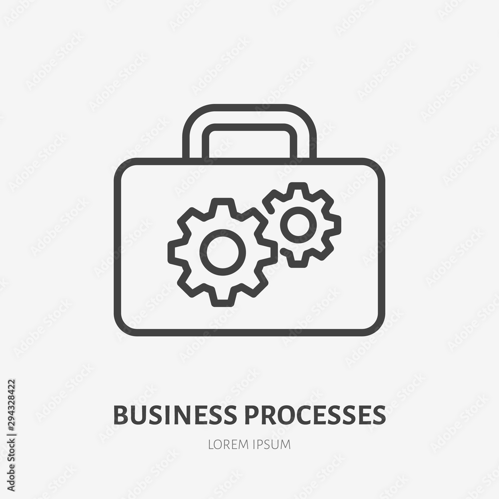 Gear flat line icon. Vector thin sign of cogwheel and suitcase, development concept, business process logo. Strategy management outline illustration Gear flat line icon. Vector thin sign of cogwheel and suitcase, development concept, business process logo. Strategy management outline illustration