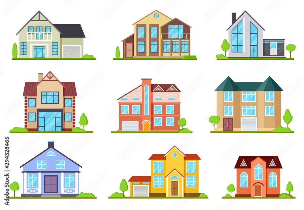 Suburban houses. Family house, village cottage. Outdoor architectural elements, modern buildings exterior. Flat vector set of house cottage, suburban residential illustration