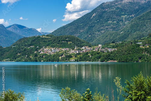 Lake Caldonazzo and Italian Alps with the small village of Ischia, Valsugana valley, Trento province, Trentino-Alto Adige, Italy, Europe
