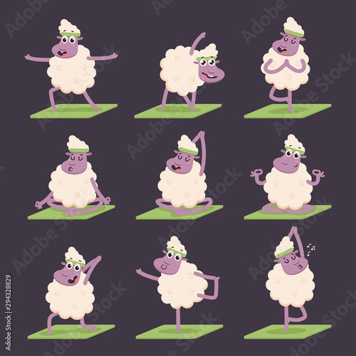 Funny sheep doing yoga poses exercises. Cute vector cartoon lamb character set isolated on background.