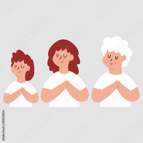 Grateful or dream womane with chest hand and closed eyes. Vector cartoon characters set isolated on background.