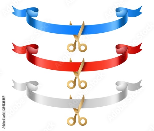 Grand open ribbons. Opening ceremony silk ribbons with scissors vector set. Illustration grand ceremony, ribbon cut red and blue