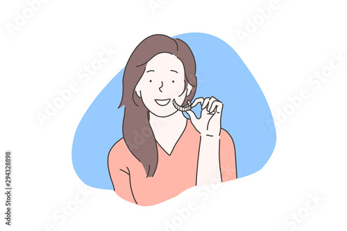 Oral cavity homecare, teeth whitening concept. Smiling girl using dental whitener, young woman holding individual stomatological tooth bleaching tray. Simple flat vector